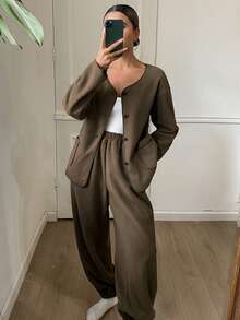 DAZY Women's Simple Plush Fluffy Cozy Pajama Set, Winter - Green - View 5