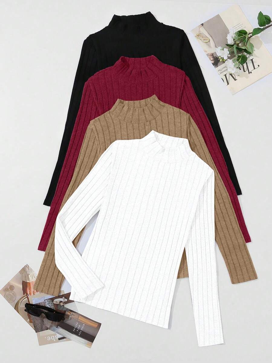 SHEIN LUNE Women's Solid Color Ribbed 4-Piece Set Long Sleeve Stand Collar T-Shirt - Multicolor - View 1