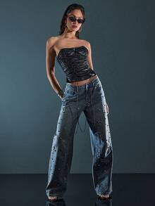 Denimoi Metal Stud Decor Wide Leg Washed Denim Jeans Fashionable Streetwear Grommet Hardware Detail - Medium Wash - View 3