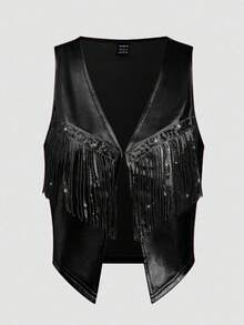 Allurite Chaqueta ligera sin mangas con decoración de flecos de cuero de PU de moda casual para mujer