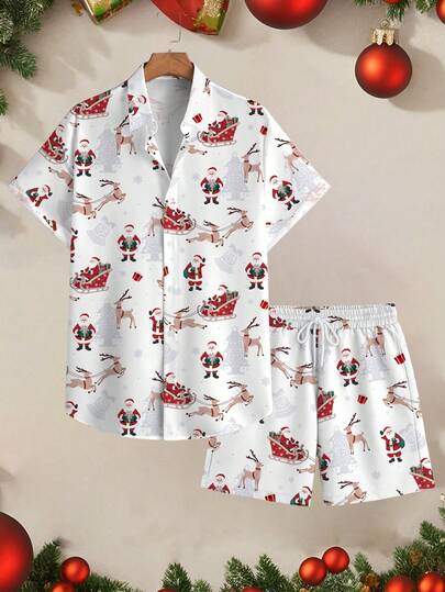 Manfinity Homme Christmas Reindeer Sleigh Santa Claus Allover Print Men's Regular Fit Short Sleeve Shirt Set, Cozy Family Atmosphere Matching Outfits For Parents And Kids, Couples