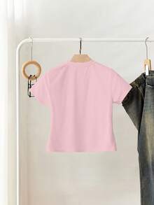 SHEIN 女式休闲日常通勤仿珍珠手工心形图案短袖 T 恤，夏季 - 粉色 - 查看 2