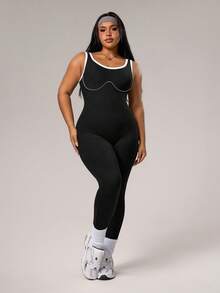 Rhythm Era 女式拼色条纹露背连体裤，紧身运动休闲连体裤，适合瑜伽、跑步、日常穿着，加大码 - 黑色 - 查看 7