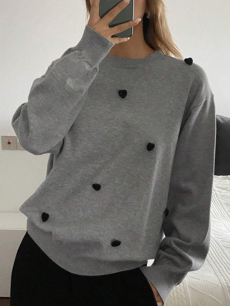 Livesso Damen Grau 3D Herz Muster Allover Muster Rundhals Strickpullover, modisch für Party, Neujahr, Weihnachten, Herbst/Winter - Grau - Übersicht 1