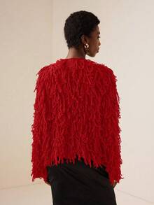 Vesra Solid Color Fringe Decor Casual Versatile Long Sleeve Cardigan For New Year Clothes - Red - View 2