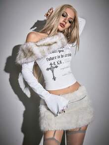ROMWE J-Fashion Y2K复古性感露背拼接人造毛皮十字字母印花紧身女式Kpop T恤 - 白色 - 查看 1