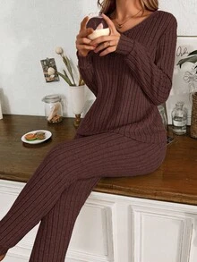 SHEIN 女士罗纹抓绒V领休闲家居服套装，长袖上衣和长裤，适合作为蓬松睡衣或外套穿着，舒适的冬季服装 - 棕色 - 查看 6