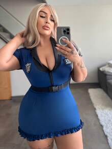 Fantasy Costume 大码万圣节女式性感服装牛奶丝褶边拉链深 V 紧身连衣裙 3 件套 - 藏蓝色 - 查看 6
