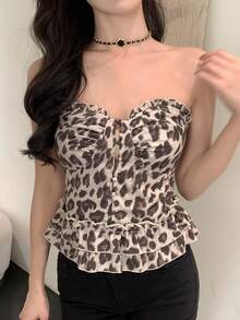 DAZY Women's Leopard Print Frill Trim Tie Front Casual Vacation Camisole Top - Brown - View 2