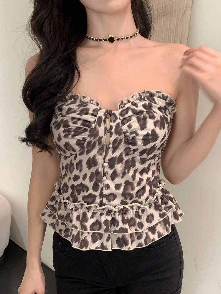 Women's Leopard Print Frill Trim Tie Front Casual Vacation Camisole Top