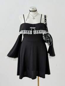 Sunspun Plus Size Elegant Lace Trim Off-Shoulder Camisole Dress - Black - View 6