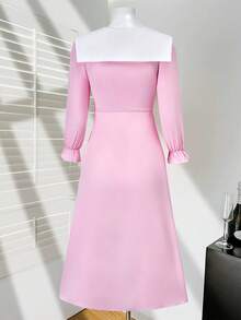 Vestido plisado de bloque de color elegante para niña preadolescente - Rosa - Ver 2