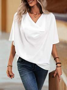 SHEIN Clasi 女性時尚純色中袖休閒襯衫 - 白色 - 查看 4