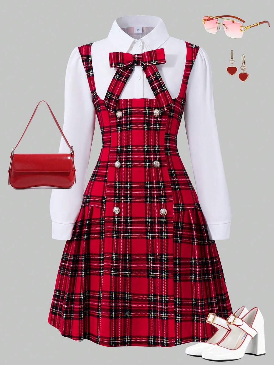 Tween Girls' 2 In 1 Plaid Dress, Long Sleeve, Collared, Bow Decor, Shirt Splicing, Fashion, Preppy Style, Autumn/Winter - Red - View 1