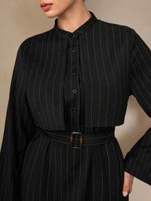 Modelyn 优雅黑色编织休闲条纹喇叭领纽扣腰带连衣裙，适合晚会 - 黑色 - 查看 1