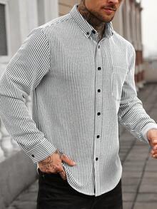 Manfinity CasualCool 男士弹力针织提花长袖衬衫，秋冬 - 黑與白 - 查看 6