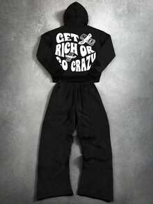 Bộ 2 món áo hoodie rộng rãi họa tiết ngôi sao, ngọn lửa, chữ cái tiếng Anh sành điệu, quần ống loe, phù hợp cho mùa thu/đông dành cho bé trai tuổi mới lớn, thường ngày tối giản, hàng mới về phong cách hiphop Y2K, phù hợp cho mùa thu/đông - Nhiều màu - Xem 3