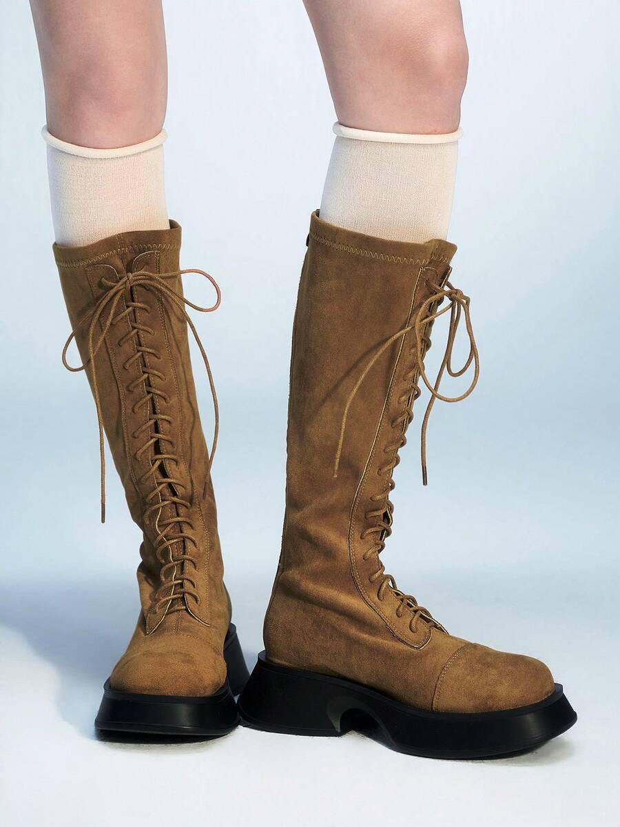 Sugerpunk 修身女式过膝长靴，厚底弹力紧身靴，高筒马靴 - 卡其色 - 查看 1