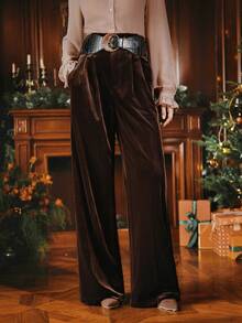 Anewsta Elegant Coffee Brown Flared Trousers, Velvet Fabric With Belt, Women's Office Wear, Autumn/Winter - Coffee Brown - View 6