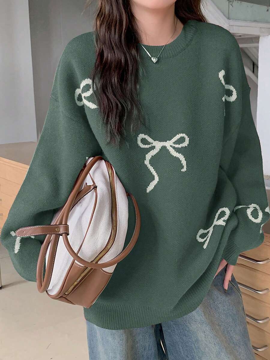 DAZY Sweater Pullover Kasual Wanita Model Longgar dengan Kerah Bulat dan Hiasan Pita - Dark Green - View 1