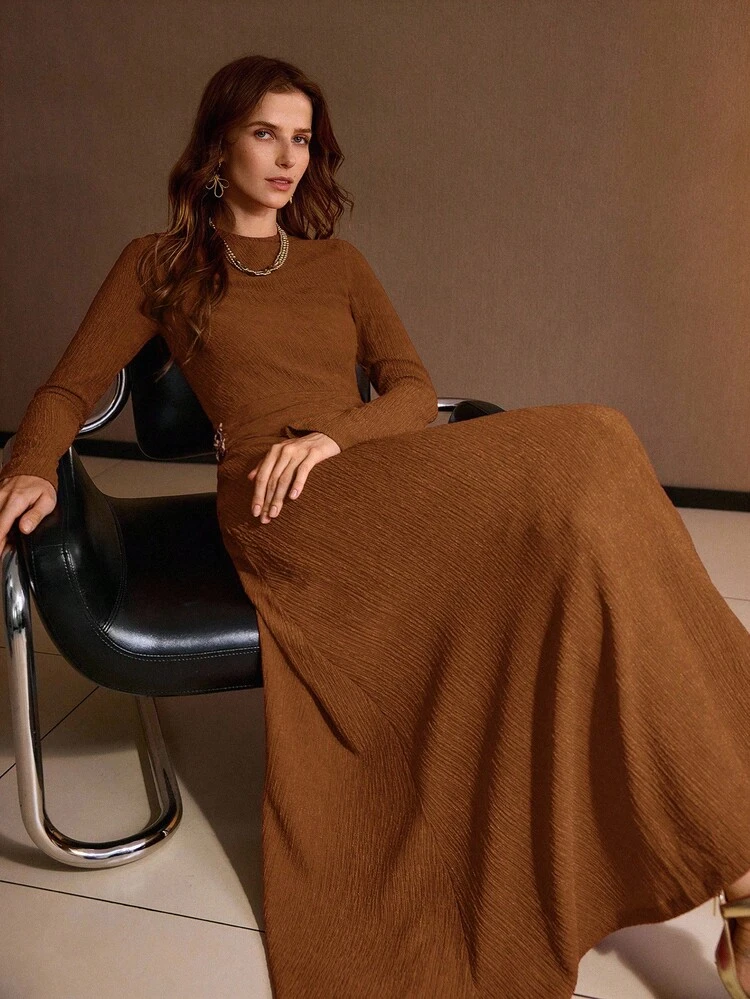 WOMEN'S STRUCTURED KNIT JERSEY FABRIC ELASTIC LONG SLEEVE ELEGANT DRESS