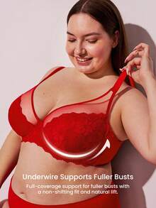 LUVLETTE 圣诞节和新年女士内衣休闲曲线透明全包覆支撑透气钢圈性感无衬垫显瘦蕾丝优雅网纱红色文胸新娘内衣