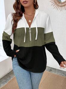 EMERY ROSE Plus Size V-Neck Ring Zipper Decor Long Sleeve Soft Knitted Ribbed Fuzzy Tricolor Contrast Splice Casual Sweatshirt - Multicolor - View 5