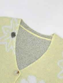 EMERY ROSE Plus Size Women Floral Pattern Drop Shoulder Long Sleeve Casual Knit Cardigan, Autumn/Winter - Light Yellow - View 4