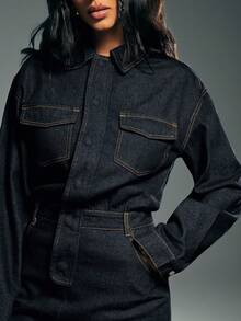 Denimoi Cinched Denim Flap Pocket Snap Button Denim Mini Dress - Navy Blue - View 4