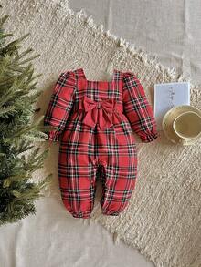 SHEIN 女婴休闲格子蝴蝶结装饰连体裤，秋季 - 酒紅色 - 查看 2
