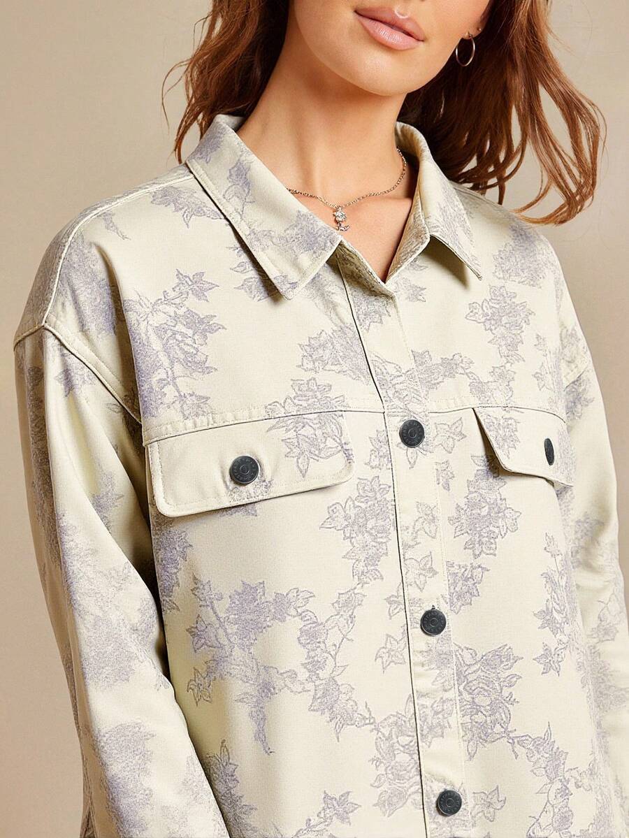 WESTFADE Floral Print Collared Button Front Long Sleeve Oversized Denim Jean Shirt Jacket Shacket Fall Back To School Country Concert - Yellow - View 1
