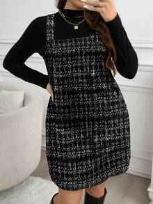 SHEIN LUNE 大码女式休闲黑色细肩带连衣裙，适合秋冬季 - 彩色 - 查看 1