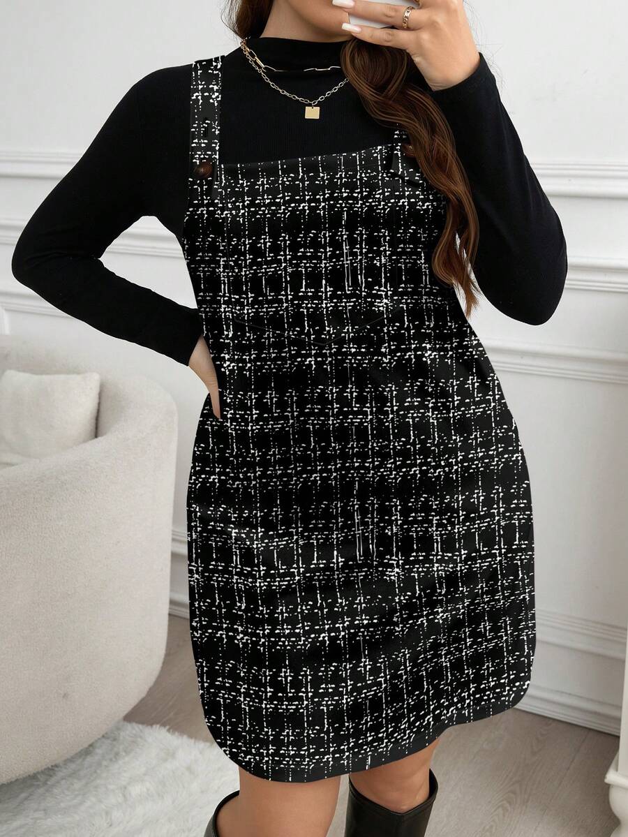 SHEIN LUNE 大码女式休闲黑色细肩带连衣裙，适合秋冬季 - 彩色 - 查看 1