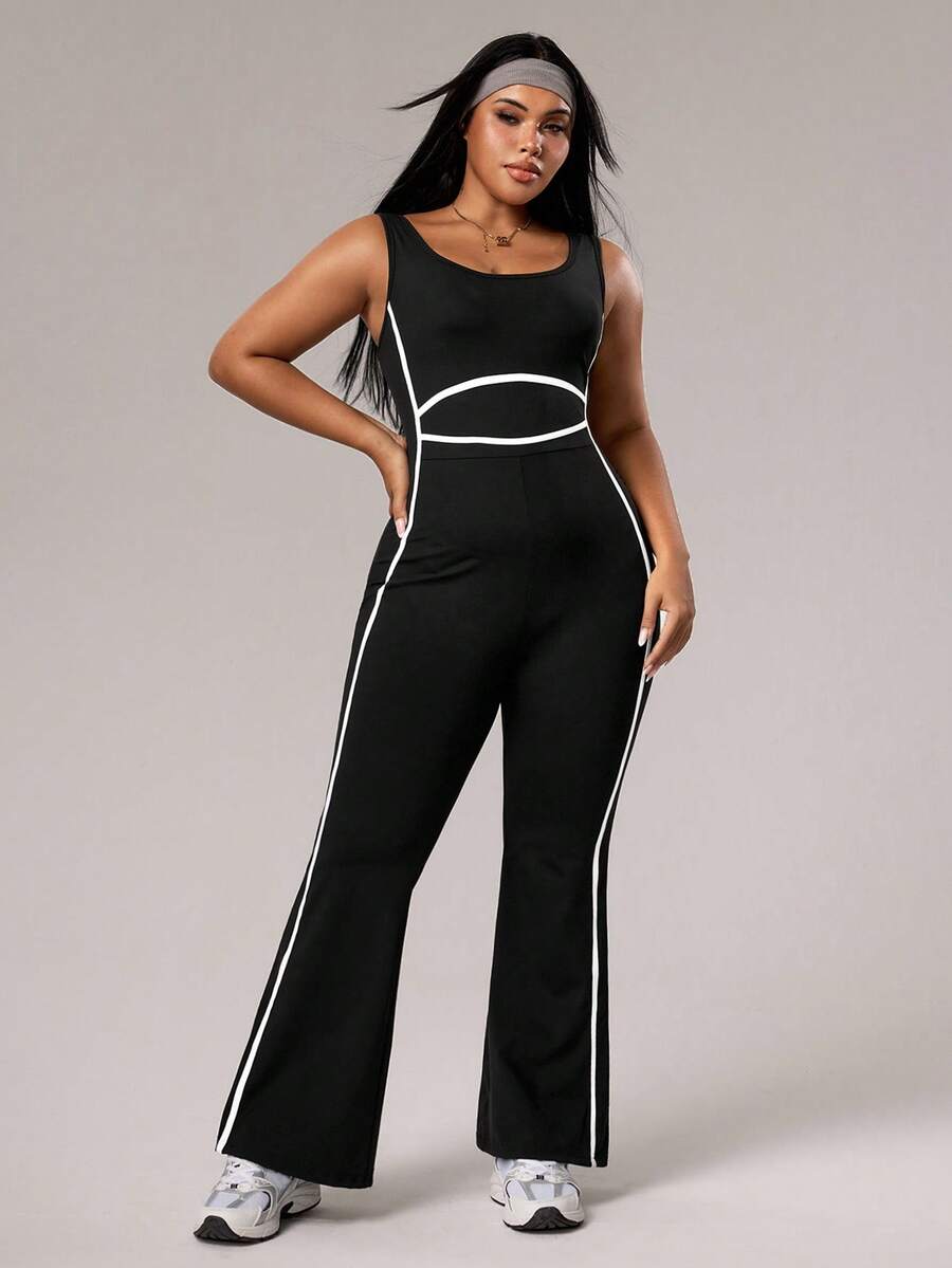 Rhythm Era Bộ đồ liền thân ống loe eo kẻ sọc màu tương phản cỡ lớn dành cho nữ, bó sát, quần thể thao thường ngày để mặc hàng ngày - màu đen - Xem 1