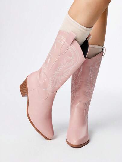 Goth Women Cowboy Boots Spring Fall New Cute Pink Fashion Pointed Toe Embroidered Thick Heel Western Boots