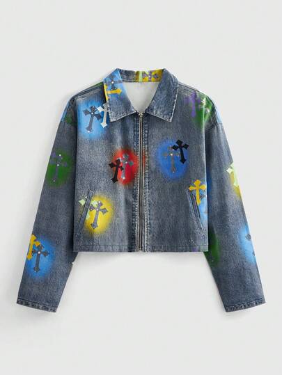 Street Life Men's Short Zip-Up Denim Jacket With Cross Pattern, Fashion & Versatile