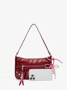 SHECARRY Ladies, Women Shoulder Bag, Hobo Bag, Motorcycle Style, Fashionable, Personalized, Simple, Versatile, Street, Sweet And Cool Girls, Hot Girls, Y2k, Retro, Rivets, Vintage, Teenagers(Includes Bag Charm) - Burgundy - View 6