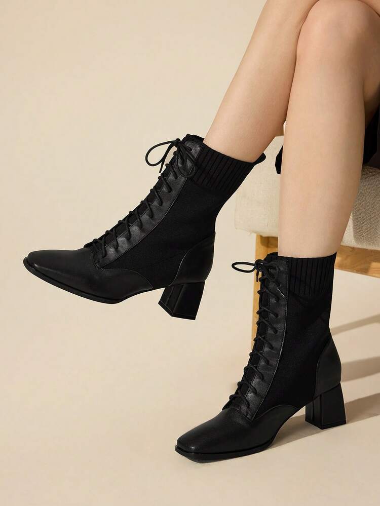 CUCCOO BASICS Women's Pointed Toe Lace-Up Design High Heel Mid-Calf Fashion Boots For Christmas