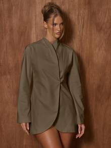 MUSERA High Neck Fitted Cinched Waist Blazer Only Cute Date Night Going Out Autumn Fall  Night Out Work Office Back To School Clean Cut Winter Party - Brown - View 1