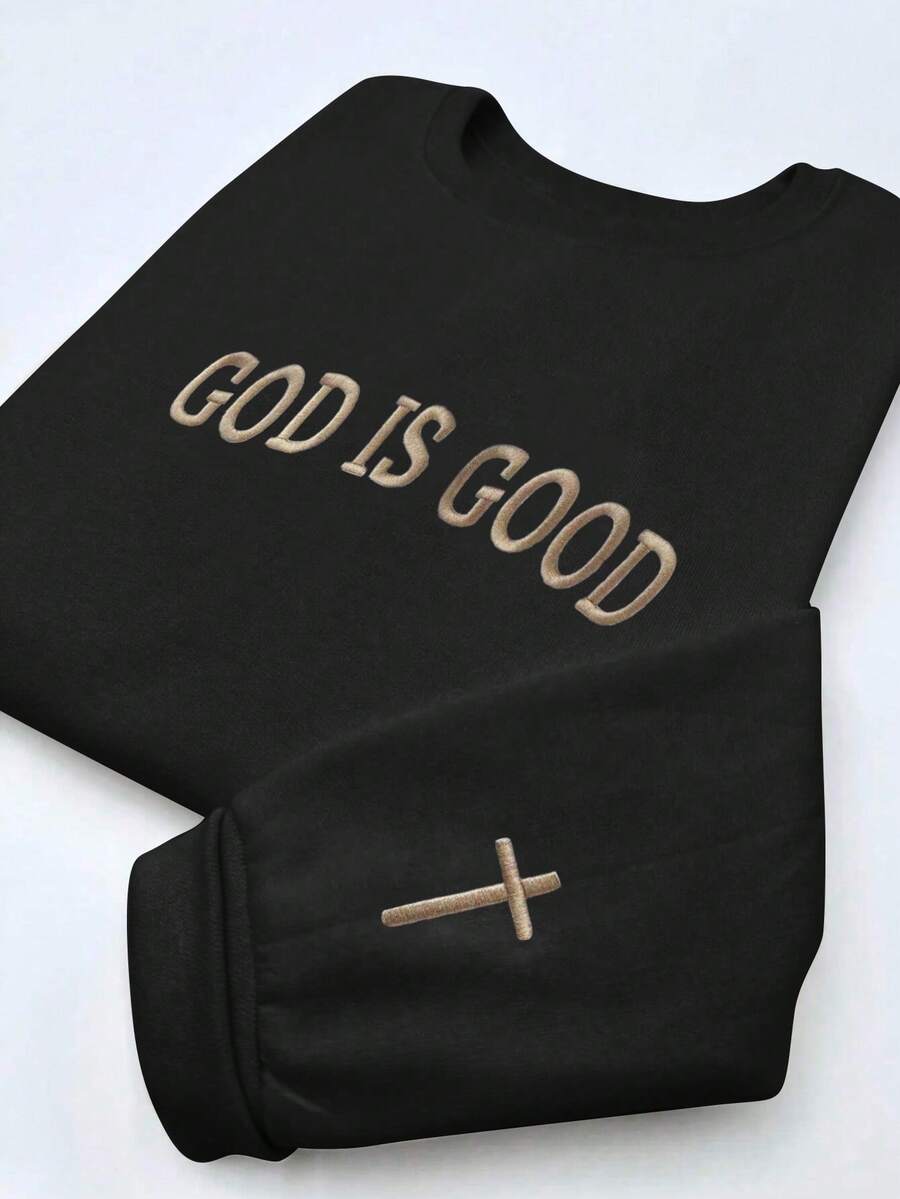 INAWLY Áo nỉ cổ tròn tay dài thêu chữ God Is Good Corss Faith - màu đen - Xem 1