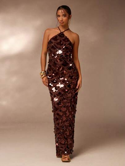 Glamine Women's Sequin Halter Dress, Fashion Party Wear Harlem Nights Women Dresses Bronze Dress Sequin Women Dresses Sequence Dress Gowns Glamorous Dress Women's Nightclub Party Christmas Ball Gown