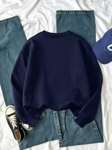 SHEIN 少女秋冬舒适休闲时尚创意个性化清新美国国旗图案印花宽松圆领卫衣，适合秋冬季穿着，美国国旗儿童七月四日独立日卫衣 - 藏蓝色 - 查看 2