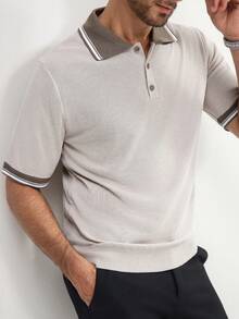 Calvornis Maglione casual a maniche corte da uomo, in maglia, con blocchi di colore e patchwork - Beige - Visualizzare 3