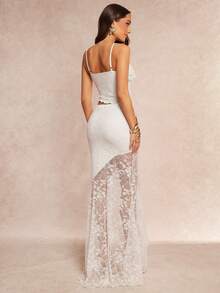 Silquee 两件套女士不对称荷叶边蕾丝吊带背心和不对称下摆半裙，优雅套装，适合婚礼季、情人节、圣诞节、约会、派对、休闲场合。 - 白色 - 查看 2