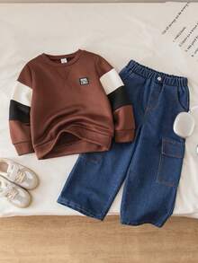 Genkimix Kids Young Boy Fashiony Color Block Fleece Crew Neck Sweatshirt Pullover Paired With Loose Cargo Pocket Denim Jeans Pants Set - Brown - View 1