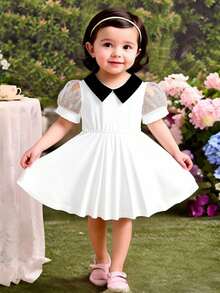 Baby Girl Cute Puff Sleeve Peter Pan Collar Dress, Whether Playing On A Sunny Spring Day Or Attending A Cozy Family Gathering, This Dress Will Make The Little Princess Radiate Endless Charm - White - View 1