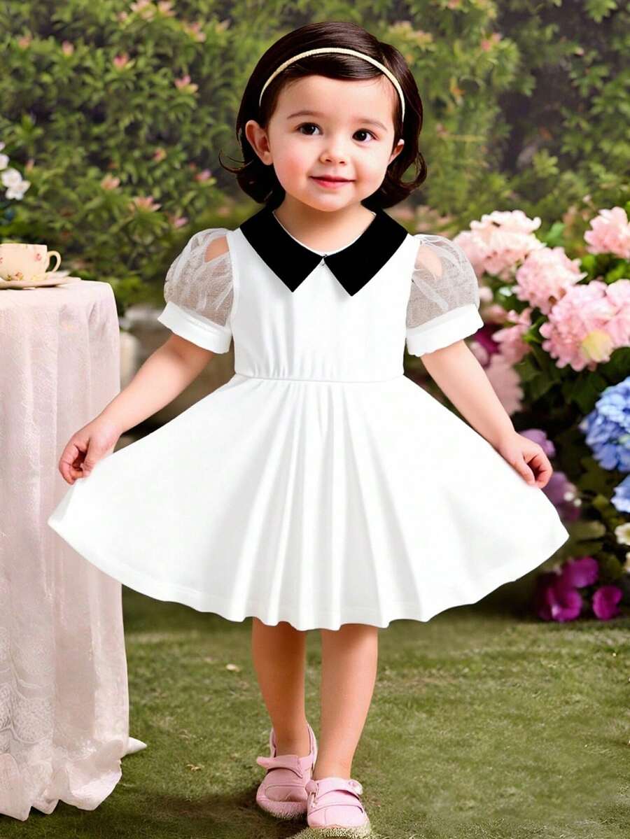 Baby Girl Cute Puff Sleeve Peter Pan Collar Dress, Whether Playing On A Sunny Spring Day Or Attending A Cozy Family Gathering, This Dress Will Make The Little Princess Radiate Endless Charm - White - View 1
