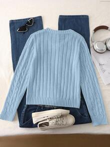 SHEIN Genkimix Kids 1 件女式经典粗针织套头衫，V 领修身长袖常规厚度针织上衣，带有黑色骏马刺绣装饰，舒适百搭，适合春秋季节，休闲日常穿着 - 藍色 - 查看 2