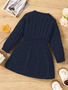 SHEIN 秋冬女童复古粗针织圆领腰部 A 字蝴蝶装饰长袖毛衣裙，适合户外休闲穿着 - 藏蓝色 - 查看 2