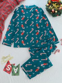 Plus Size Minimalist Christmas Print Long Sleeve Top & Pants Casual Comfortable Pajama Set Fall Winter Clothes - Green - View 2